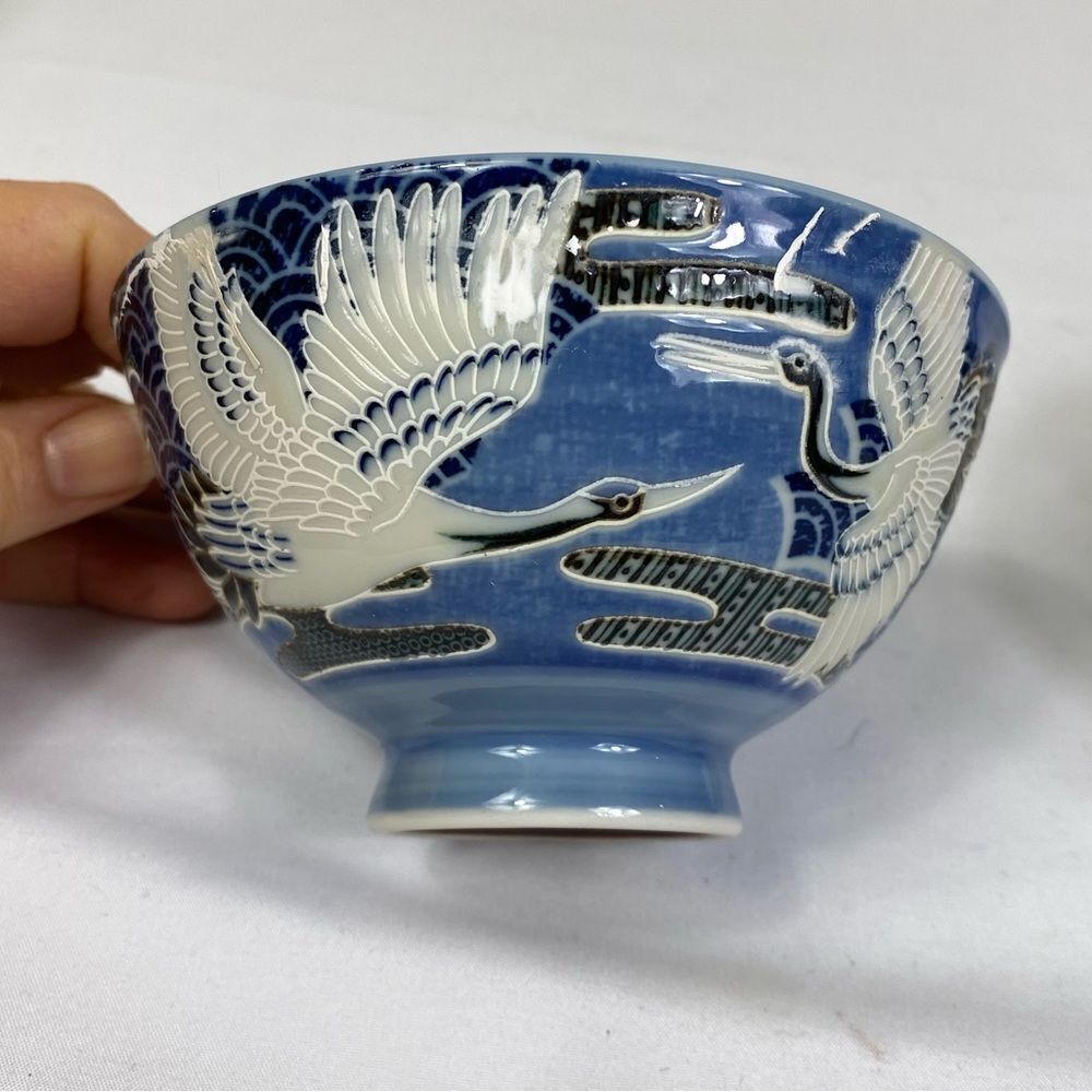 2 Mino Wear Japanese Ceramic Rice Bowls (2 ) Flying Blue Crane